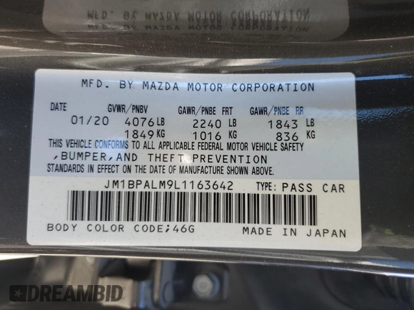 2020 Mazda Mazda3 Hatchback with VIN JM1BPALM9L1163642, listed as a Copart auction lot 80290814 with 34,740 mi miles and Salvage Title. Bid and sale history available at carsss.com. Image 14.