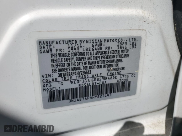 2017 Nissan Sentra SR with VIN 3N1AB7AP4HY225643, listed as a Copart auction lot 52739775 with 142,186 mi miles and Salvage Title. Bid and sale history available at DreamBid. Image 12.