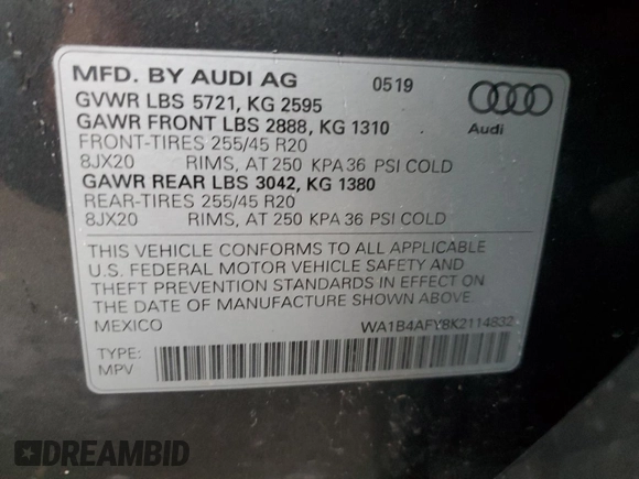 2019 Audi SQ5 Premium Plus with VIN WA1B4AFY8K2114832, listed as a Copart auction lot 48434384 with 36,112 mi miles and . Bid and sale history available at DreamBid. Image 13.