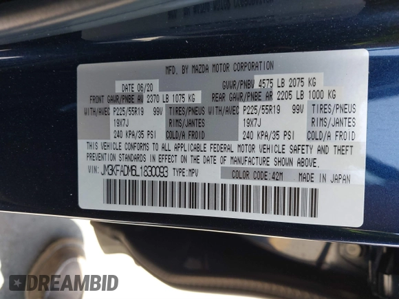2020 Mazda CX-5 Grand Touring with VIN JM3KFADM6L1830093, listed as a IAAI auction lot 41699672 with 66,769 mi miles. Bid and sale history available at carsss.com. Image 9.