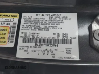 2018 Ford Fusion SE with VIN 3FA6P0H92JR258763, listed as a IAAI auction lot 42000848 with 101,344 mi miles and . Bid and sale history available at carsss.com. Image 9.