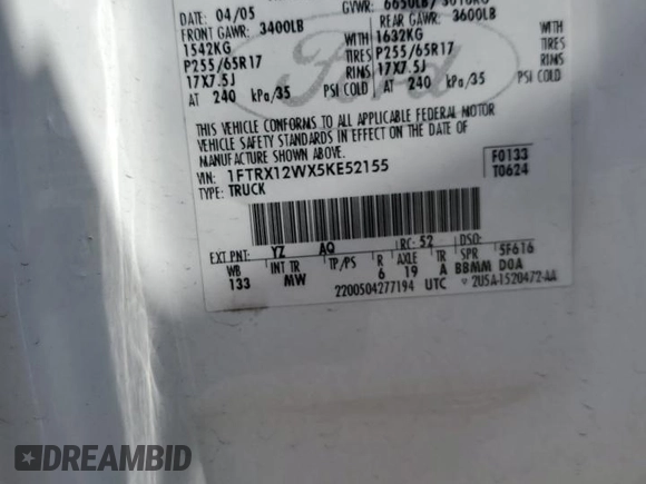 2005 Ford F-150 STX with VIN 1FTRX12WX5KE52155, listed as a Copart auction lot 62605895 with 235,078 mi miles and Salvage title. Bid and sale history available at DreamBid. Image 12.