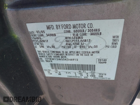 2005 Ford F-150 XLT с VIN 1FTRW12W55KD46912, выставлен на аукционе IAAI как лот 42098078 с пробегом 167 819 миль миль и . История ставок и продаж доступна на DreamBid. Изображение 9.