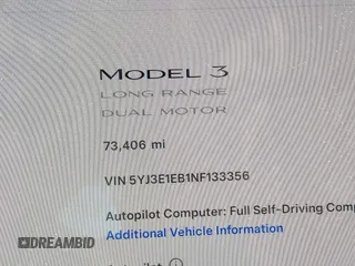 2022 Tesla Model 3 Long Range with VIN 5YJ3E1EB1NF133356, listed as a IAAI auction lot 41568303 with 73,406 mi miles and . Bid and sale history available at DreamBid. Image 14.