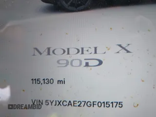 2016 Tesla Model X 70D with VIN 5YJXCAE27GF015175, listed as a IAAI auction lot 41074929 with 115,130 mi miles. Bid and sale history available at carsss.com. Image 16.