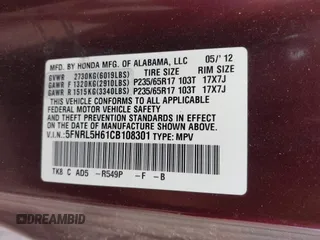 2012 Honda Odyssey EX-L with VIN 5FNRL5H61CB108301, listed as a IAAI auction lot 41939536 with 225,476 mi miles and . Bid and sale history available at DreamBid. Image 9.
