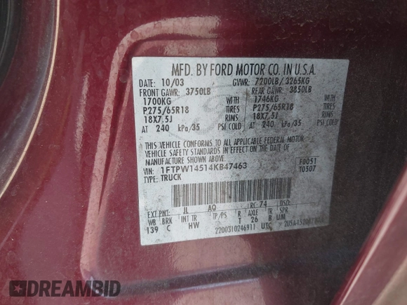 2004 Ford F-150 XLT with VIN 1FTPW14514KB47463, listed as a IAAI auction lot 42743572 with 211,006 mi miles and . Bid and sale history available at DreamBid. Image 9.