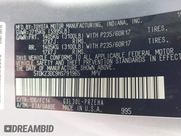 2017 Toyota Sienna LE Auto Access Seat z VIN 5TDKZ3DC9HS791965, wystawiony jako IAAI lot #42624689 z przebiegiem 88 383 mil mil oraz . Historia ofert i sprzedaży dostępna na DreamBid. Obrazek 9.