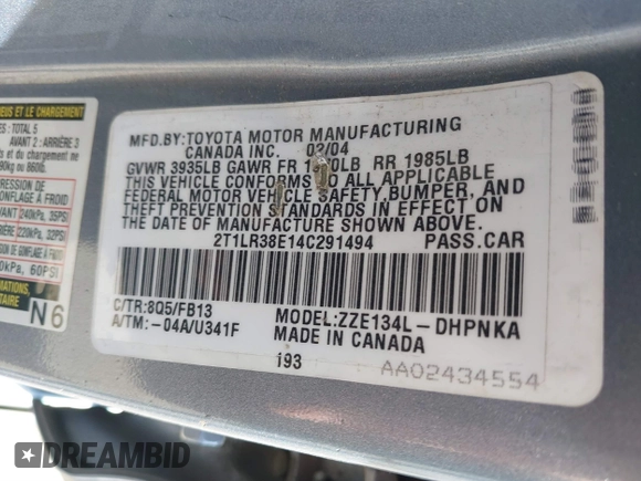 2004 Toyota Matrix Std with VIN 2T1LR38E14C291494, listed as a IAAI auction lot 41883195 with 230,173 mi miles. Bid and sale history available at carsss.com. Image 9.