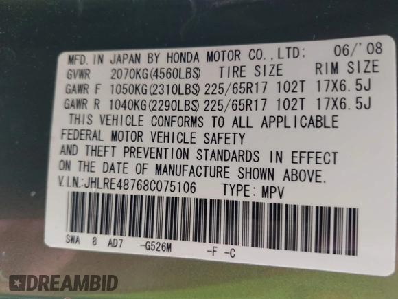 2008 Honda CR-V EX-L with VIN JHLRE48768C075106, listed as a IAAI auction lot 39727085 with 200,668 mi miles. Bid and sale history available at carsss.com. Image 9.