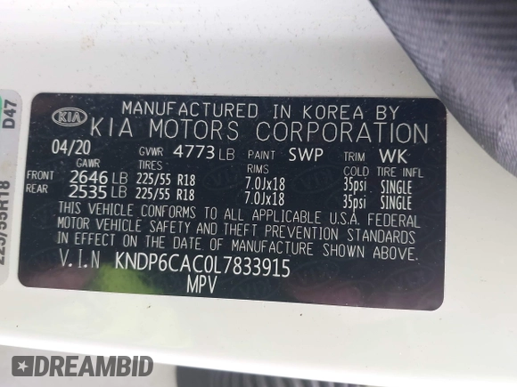 2020 Kia Sportage S with VIN KNDP6CAC0L7833915, listed as a IAAI auction lot 41940692 with 55,005 mi miles. Bid and sale history available at carsss.com. Image 9.