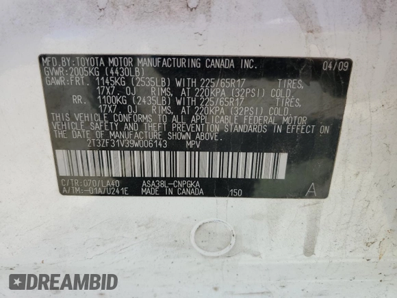 2009 Toyota RAV4 with VIN 2T3ZF31V39W006143, listed as a Copart auction lot 55266355 with 192,879 mi miles and Clean title. Bid and sale history available at DreamBid. Image 13.