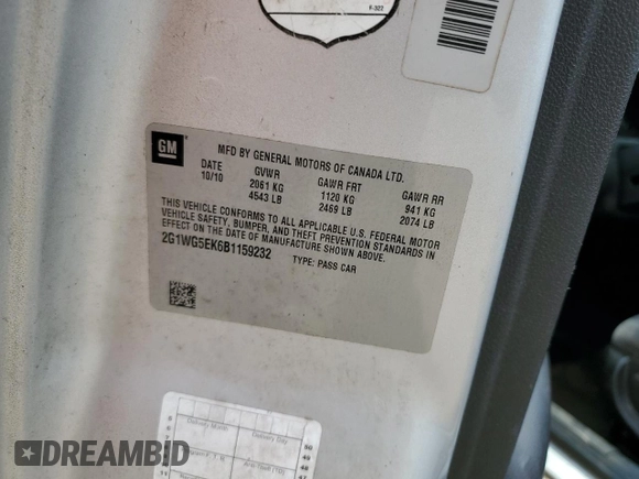 2011 Chevrolet Impala LT Fleet with VIN 2G1WG5EK6B1159232, listed as a Copart auction lot 57641355 with 225,383 mi miles and Salvage title. Bid and sale history available at DreamBid. Image 12.