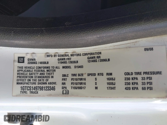 2009 GMC Canyon Work Truck with VIN 1GTCS149798123346, listed as a IAAI auction lot 41311696 with 110,494 mi miles. Bid and sale history available at carsss.com. Image 9.