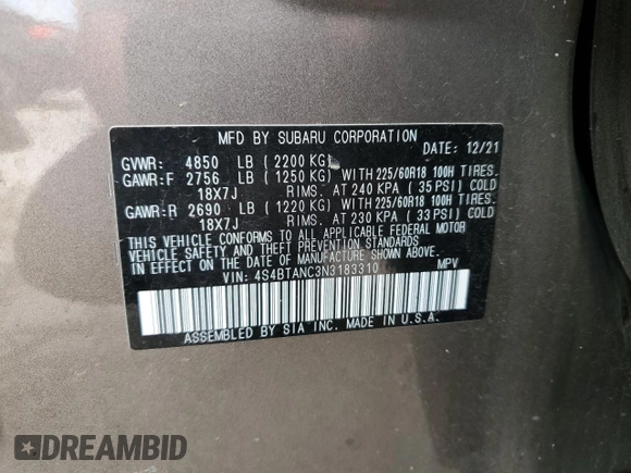 2022 Subaru Outback Limited with VIN 4S4BTANC3N3183310, listed as a Copart auction lot 59888225 with 24,175 mi miles and Non repairable. Bid and sale history available at DreamBid. Image 12.