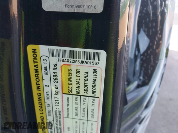 2018 Ford Transit Passenger XL с VIN 1FBAX2CM5JKA01567, выставлен на аукционе IAAI как лот 40198330 с пробегом 164 777 миль миль и . История ставок и продаж доступна на DreamBid. Изображение 9.