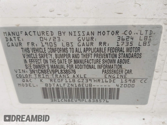 2023 Nissan Versa SV z VIN 3N1CN8EV9PL838576, wystawiony jako IAAI lot #42080373 z przebiegiem 28 542 mil mil oraz . Historia ofert i sprzedaży dostępna na DreamBid. Obrazek 9.