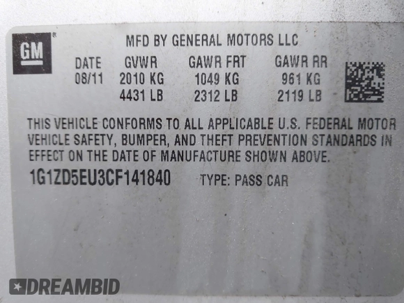 2012 Chevrolet Malibu 2LT with VIN 1G1ZD5EU3CF141840, listed as a IAAI auction lot 42138962 with 190,927 mi miles and . Bid and sale history available at DreamBid. Image 9.