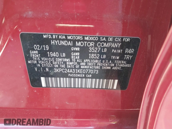 2019 Hyundai Accent SE with VIN 3KPC24A31KE077073, listed as a IAAI auction lot 42048683 with 107,428 mi miles. Bid and sale history available at carsss.com. Image 9.