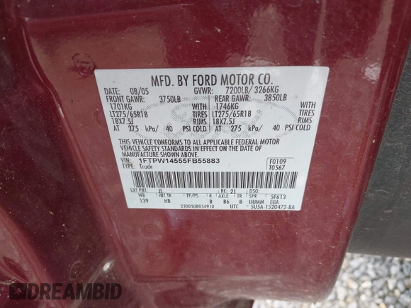 2005 Ford F-150 XLT with VIN 1FTPW14555FB55883, listed as a IAAI auction lot 42614075 with 126,234 mi miles and . Bid and sale history available at DreamBid. Image 9.