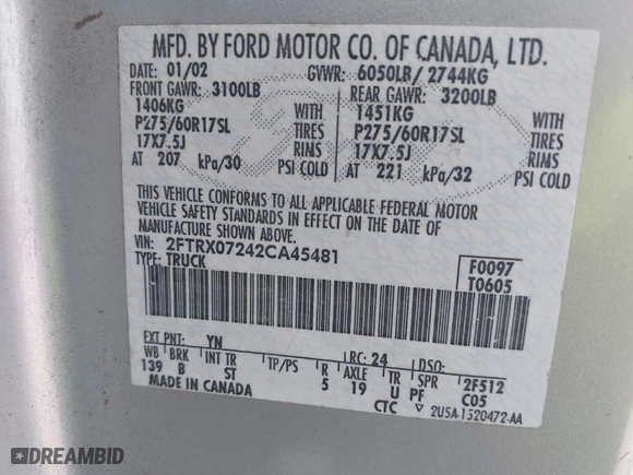 2002 Ford F-150 XL with VIN 2FTRX07242CA45481, listed as a IAAI auction lot 42097689 with 1 mi miles. Bid and sale history available at carsss.com. Image 9.