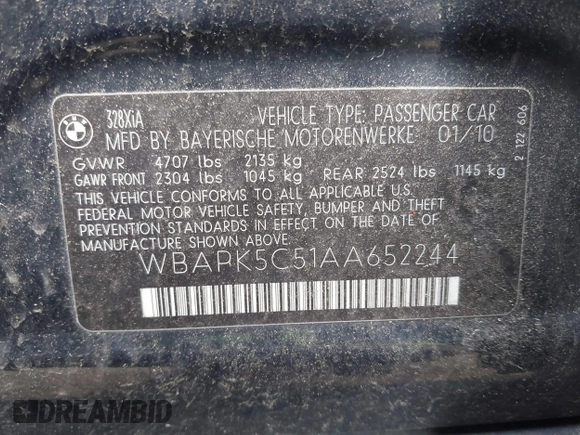 2010 BMW 3 Series 328i xDrive with VIN WBAPK5C51AA652244, listed as a IAAI auction lot 42262180 with 166,218 mi miles and . Bid and sale history available at DreamBid. Image 9.