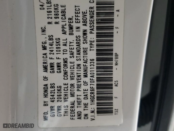 2015 Honda Accord Hybrid Touring with VIN 1HGCR6F70FA011336, listed as a Copart auction lot 85249274 with 101,882 mi miles and Salvage Title. Bid and sale history available at carsss.com. Image 14.
