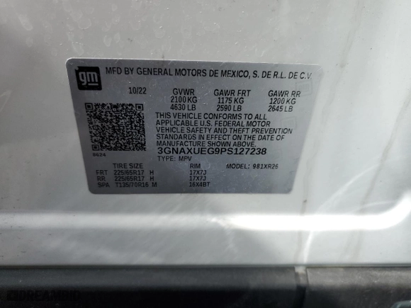 2023 Chevrolet Equinox LT with VIN 3GNAXUEG9PS127238, listed as a Copart auction lot 53618655 with 27,683 mi miles and Salvage Title. Bid and sale history available at carsss.com. Image 14.
