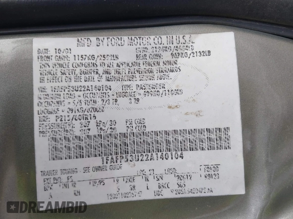 2002 Ford Taurus SE Standard with VIN 1FAFP53U22A140104, listed as a IAAI auction lot 42101393 with 178,279 mi miles and . Bid and sale history available at DreamBid. Image 9.