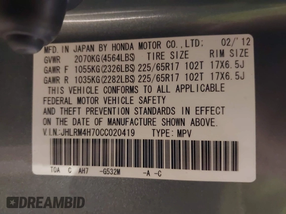 2012 Honda CR-V EX-L with VIN JHLRM4H70CC020419, listed as a IAAI auction lot 41814998 with 99,777 mi miles. Bid and sale history available at carsss.com. Image 9.