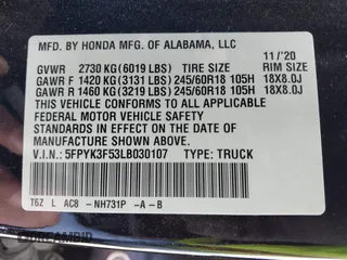 2020 Honda Ridgeline RTL with VIN 5FPYK3F53LB030107, listed as a IAAI auction lot 41933517 with 93,373 mi miles and . Bid and sale history available at DreamBid. Image 9.