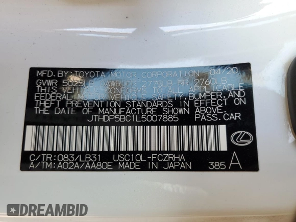 2020 Lexus RC F with VIN JTHDP5BC1L5007885, listed as a Copart auction lot 41475365 with 24,227 mi miles and Non repairable. Bid and sale history available at DreamBid. Image 12.