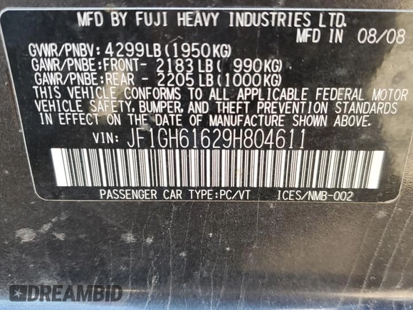 2009 Subaru Impreza i z VIN JF1GH61629H804611, wystawiony jako Copart lot #82530984 z przebiegiem Nie podano mil oraz Czysty tytuł • Clean title. Historia ofert i sprzedaży dostępna na DreamBid. Obrazek 13.