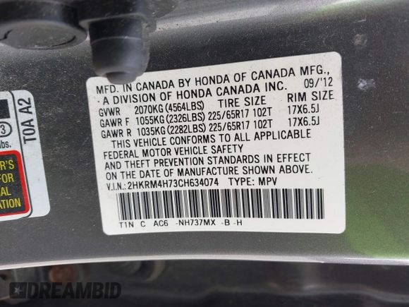 2012 Honda CR-V EX-L with VIN 2HKRM4H73CH634074, listed as a IAAI auction lot 42611285 with 299,348 mi miles and . Bid and sale history available at DreamBid. Image 9.