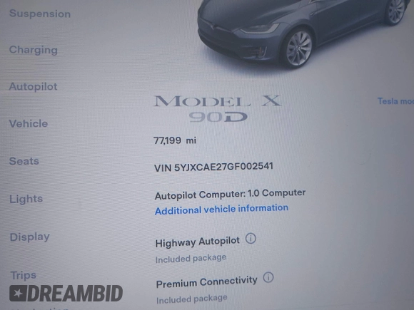 2016 Tesla Model X 70D z VIN 5YJXCAE27GF002541, wystawiony jako IAAI lot #41957228 z przebiegiem 77 199 mil mil oraz . Historia ofert i sprzedaży dostępna na DreamBid. Obrazek 7.