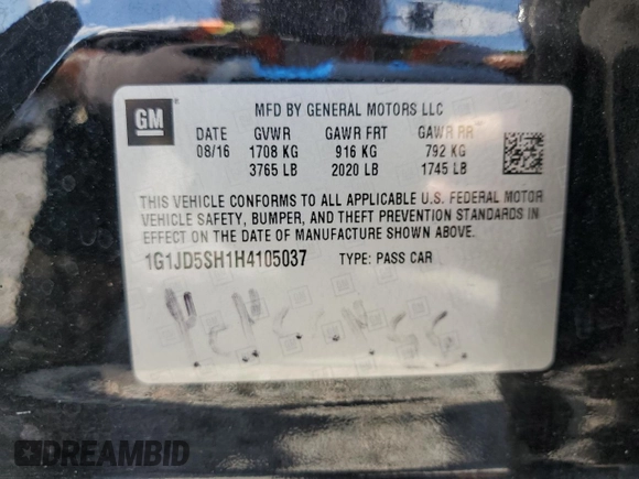 2017 Chevrolet Sonic LT z VIN 1G1JD5SH1H4105037, wystawiony jako Copart lot #61663635 z przebiegiem 127 876 mil mil oraz Szkoda całkowita • Salvage title. Historia ofert i sprzedaży dostępna na DreamBid. Obrazek 13.