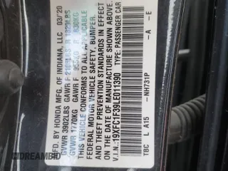 2020 Honda Civic Sedan EX with VIN 19XFC1F39LE011390, listed as a Copart auction lot 43744235 with 34,460 mi miles and Salvage Title. Bid and sale history available at carsss.com. Image 12.