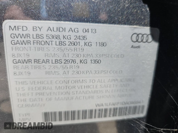 2013 Audi Q5 Premium Plus z VIN WA1LFAFP1DA086841, wystawiony jako Copart lot #62027215 z przebiegiem 93 685 mil mil oraz Szkoda całkowita • Salvage title. Historia ofert i sprzedaży dostępna na DreamBid. Obrazek 12.