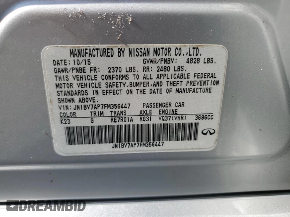 2015 Infiniti Q50 Premium with VIN JN1BV7AP7FM356447, listed as a Copart auction lot 58823045 with 137,642 mi miles and Salvage title. Bid and sale history available at DreamBid. Image 13.
