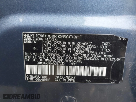 2007 Toyota RAV4 with VIN JTMBK33V675027230, listed as a IAAI auction lot 40697729 with 288,662 mi miles. Bid and sale history available at carsss.com. Image 9.