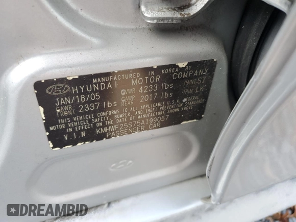 2005 Hyundai Sonata GL with VIN KMHWF25S75A199057, listed as a Copart auction lot 78874384 with 62,637 mi miles and Salvage Title. Bid and sale history available at carsss.com. Image 14.