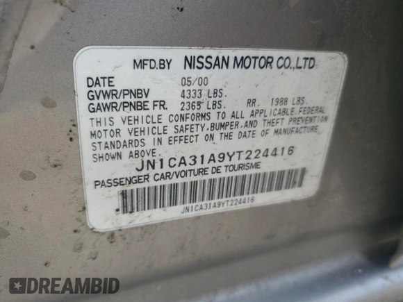 2000 Nissan Maxima GXE z VIN JN1CA31A9YT224416, wystawiony jako Copart lot #55514495 z przebiegiem 234 882 mil mil oraz Szkoda całkowita • Salvage title. Historia ofert i sprzedaży dostępna na DreamBid. Obrazek 12.