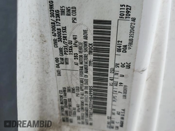 2000 Ford Econoline Cargo with VIN 1FTRE1422YHB49985, listed as a Copart auction lot 52308475 with 78,093 mi miles and Salvage Title. Bid and sale history available at carsss.com. Image 12.