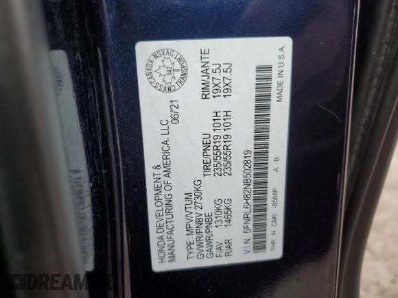 2022 Honda Odyssey Touring with VIN 5FNRL6H82NB502819, listed as a Copart auction lot 50326855 with 75,742 mi miles and Salvage title. Bid and sale history available at DreamBid. Image 13.
