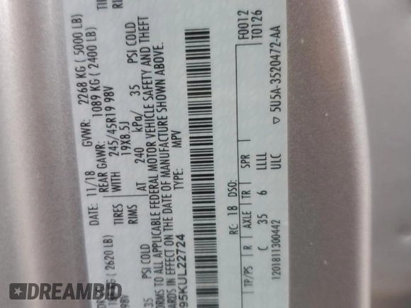 2019 Lincoln MKC Reserve with VIN 5LMCJ3D95KUL22724, listed as a Copart auction lot 56861795 with 59,275 mi miles and Salvage title. Bid and sale history available at DreamBid. Image 12.