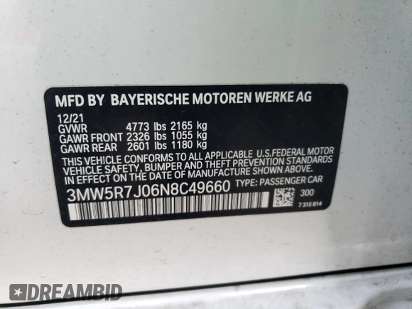 2022 BMW 3 Series 330i xDrive with VIN 3MW5R7J06N8C49660, listed as a Copart auction lot 83515904 with 33,966 mi miles and Salvage Title. Bid and sale history available at carsss.com. Image 12.
