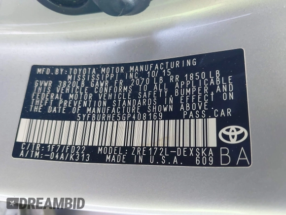 2016 Toyota Corolla L z VIN 5YFBURHE5GP408169, wystawiony jako IAAI lot #42544422 z przebiegiem 63 206 mil mil oraz . Historia ofert i sprzedaży dostępna na DreamBid. Obrazek 9.