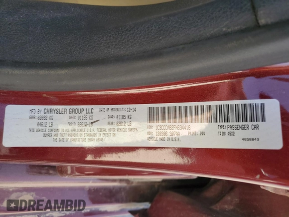 2015 Chrysler 200 Limited with VIN 1C3CCCAB2FN634416, listed as a Copart auction lot 51915385 with 142,319 mi miles and Salvage Title. Bid and sale history available at DreamBid. Image 12.