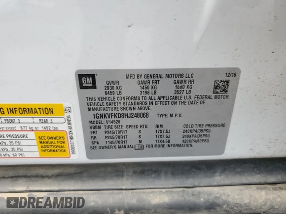 2017 Chevrolet Traverse LS with VIN 1GNKVFKD8HJ248068, listed as a Copart auction lot 64090465 with 119,230 mi miles and Salvage title. Bid and sale history available at DreamBid. Image 13.