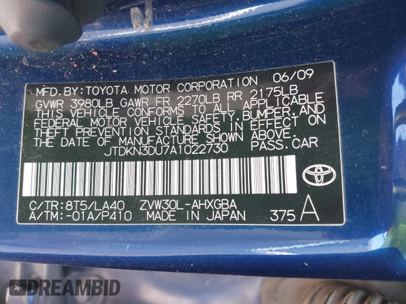 2010 Toyota Prius II with VIN JTDKN3DU7A1022730, listed as a IAAI auction lot 42139192 with 188,178 mi miles. Bid and sale history available at carsss.com. Image 9.